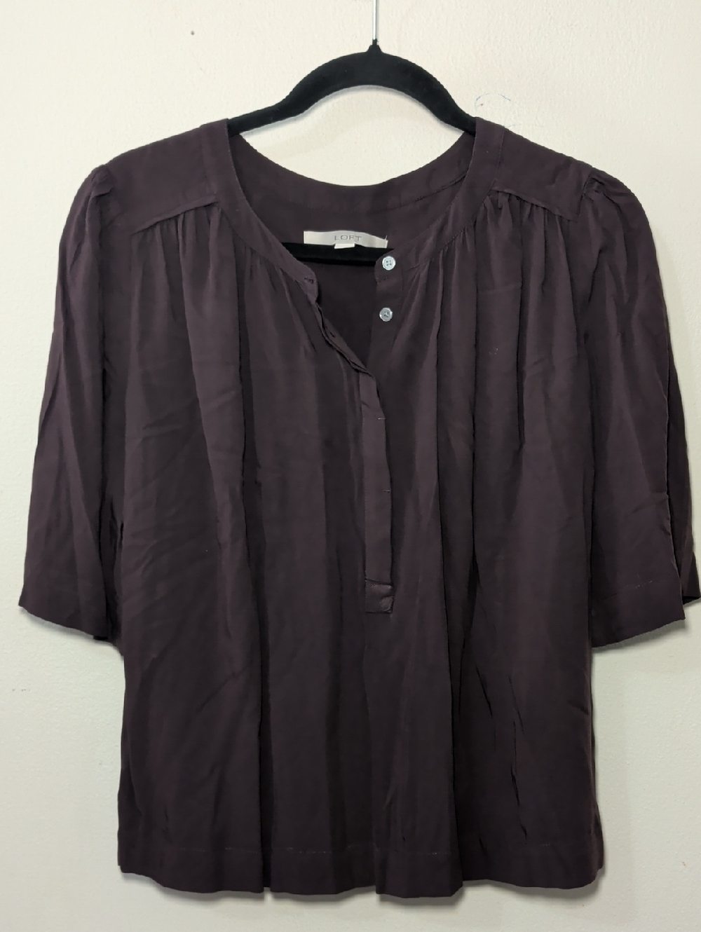 LOFT Boxy Oversized Blouse Brown Half-Button Short Sleeve Rayon Women's Size S